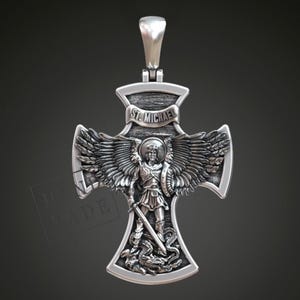 Saint Michael Cross Pendant, Archangel Sword Necklace, Christian Protection Jewelry, Spiritual Medal, Baptism Gift for Men, Faith Symbol