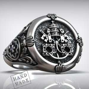 Saint Peter Keys Of Heaven-ring handgemaakt in sterlingzilver, christelijk symbool zegel voor mannen, pauselijk kruis Vaticaan embleem sieraden cadeau