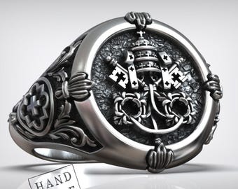 Saint Peter Keys Ring, Vatican Jewelry, Christian Signet, Papal Cross Band, Handmade Religious Gift, Sterling Silver Symbol
