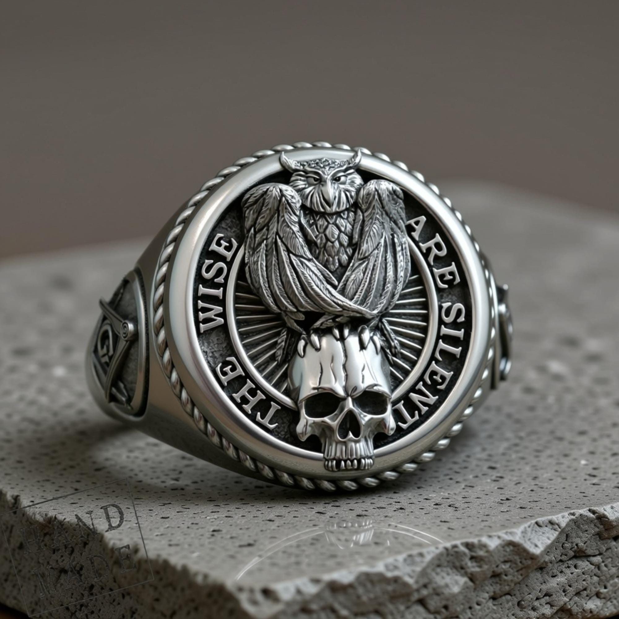 Owl Skull Silver Ring, Masonic Compass (Handmade Signet)