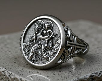 Men's Faith Ring: Saint Christopher Signet - Sterling Silver