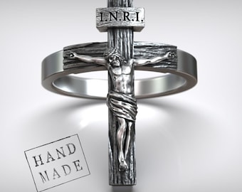 Catholic 925 Silver Crucifix Ring, INRI Christian Jewelry, Faith Band Gift, Men&#39;s Spiritual Ring, Handmade Religious Accessory