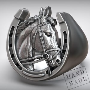 Horse Head Signet Ring Lucky Horseshoe, Cowboy Ring, Western Jewelry, Rustic Band, Handmade Men&#39;s Gift, Equestrian Accessory