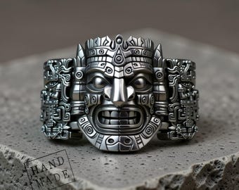 Aztec Warrior Ring: Bold Tribal Mask Silver Band