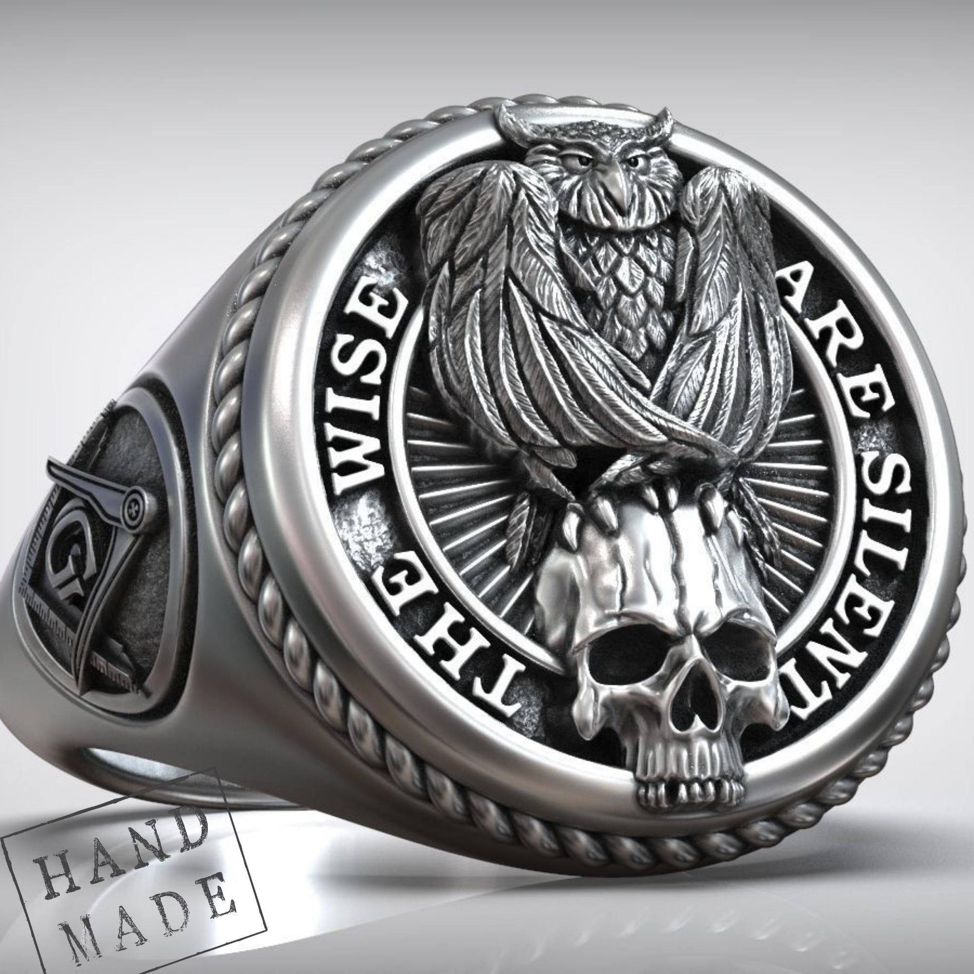 Owl Skull Signet Ring, Freemason Jewelry, Masonic Compass, Gothic Mens Ring, Handmade Silver, Symbol