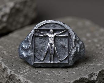 Vitruvian Man Signet Ring: Sterling Silver, Da Vinci Inspired
