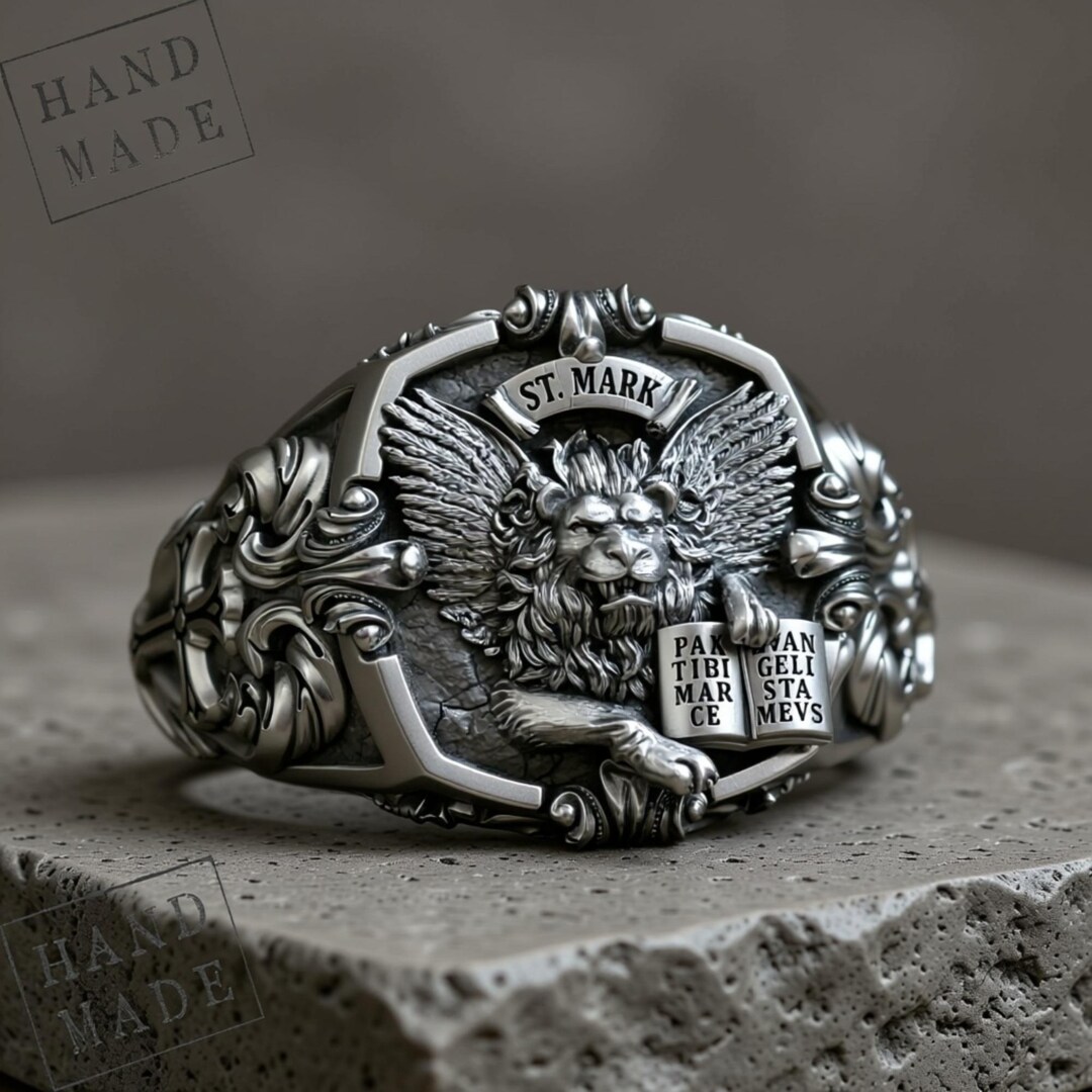 Christian Signet Ring: Winged Lion of St. Mark - Silver Tone Handmade ...