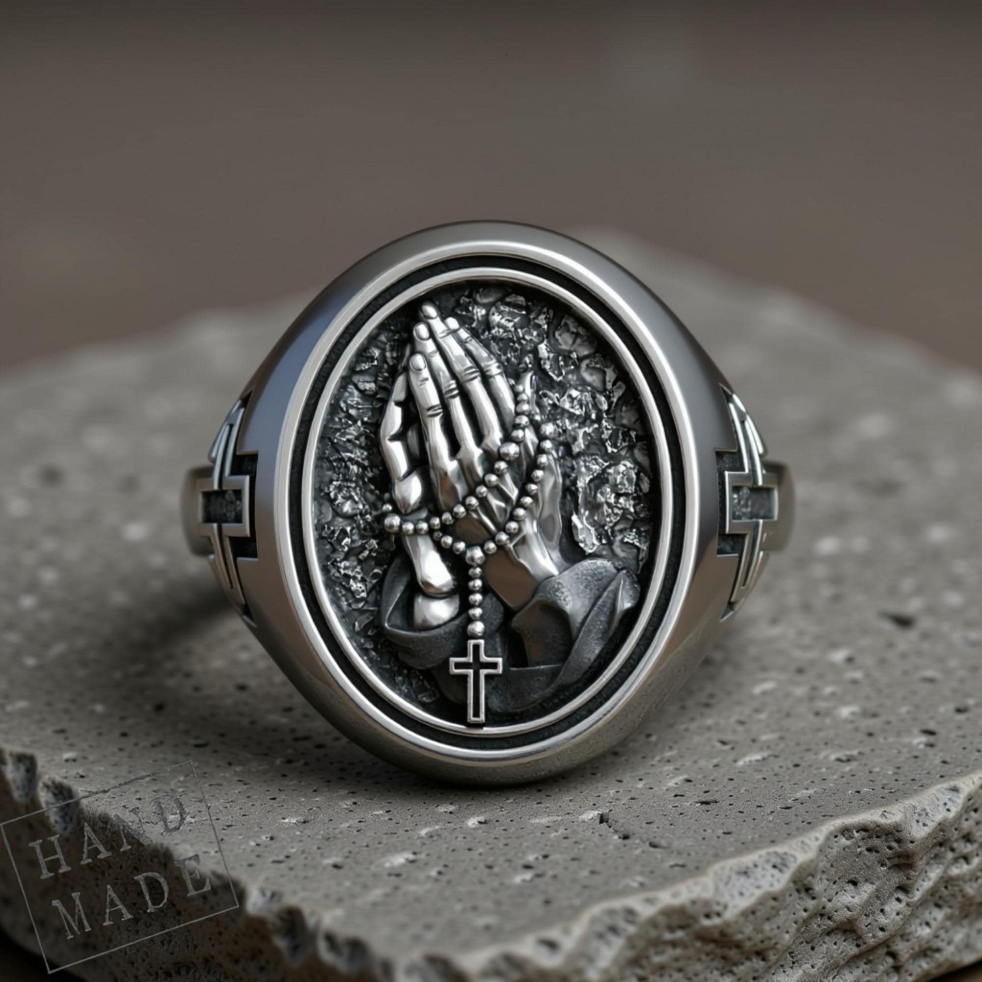 Praying Hands Signet Ring, Rosary Detail (sterling Silver) - Etsy