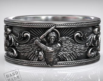 Saint Michael Ring Spiritual Warrior, Archangel Jewelry, Handcrafted Silver Band, Christian Faith Ring, Angelic Protection Gift