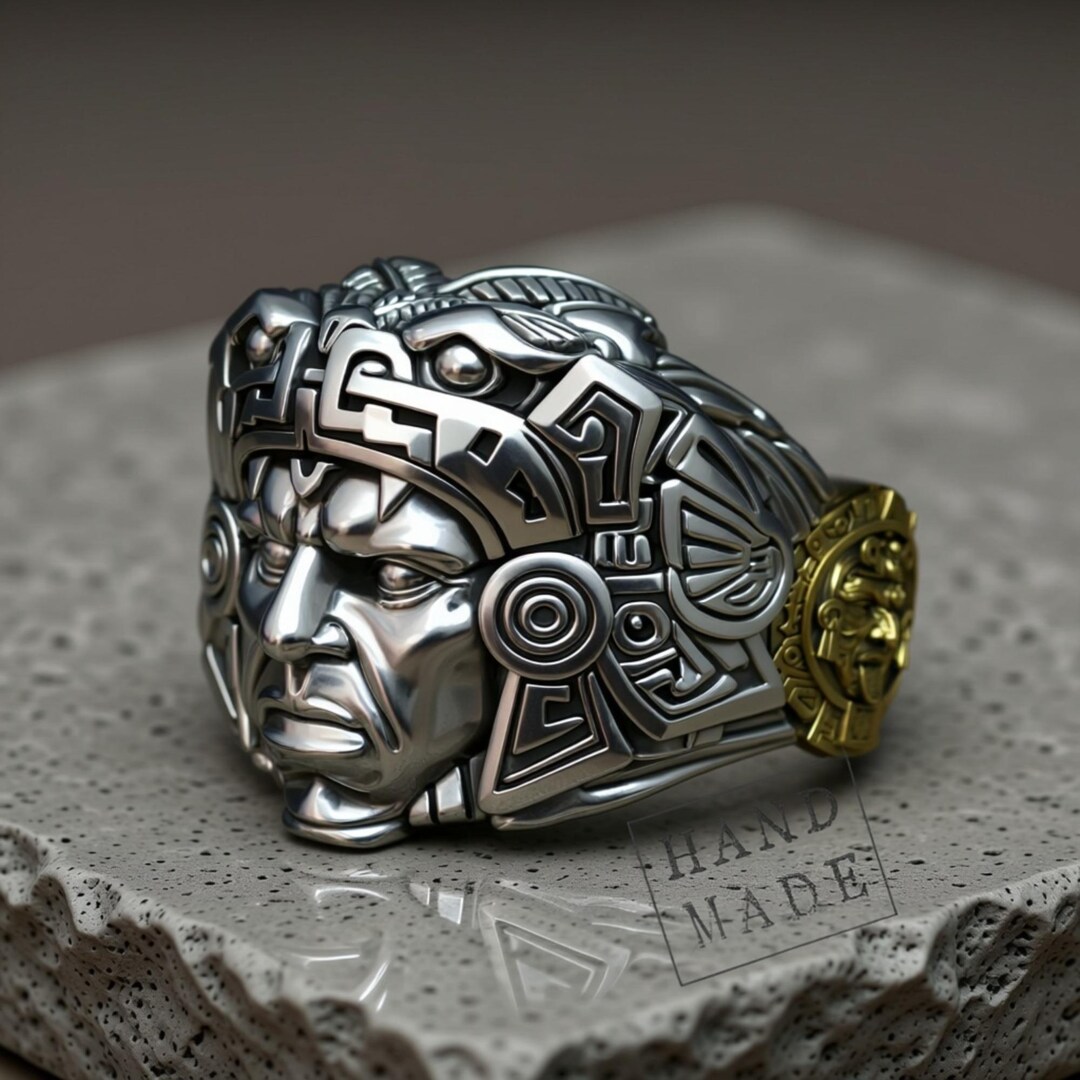 Aztec Style Rings Warrior Ring: Aztec Tribal Design - Two-tone Silver and Gold - Etsy