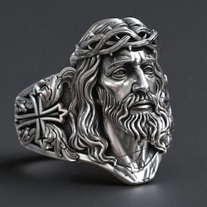 Handmade Sterling Silver Jesus Christ Ring: Crown of Thorns, Gothic Cross Band