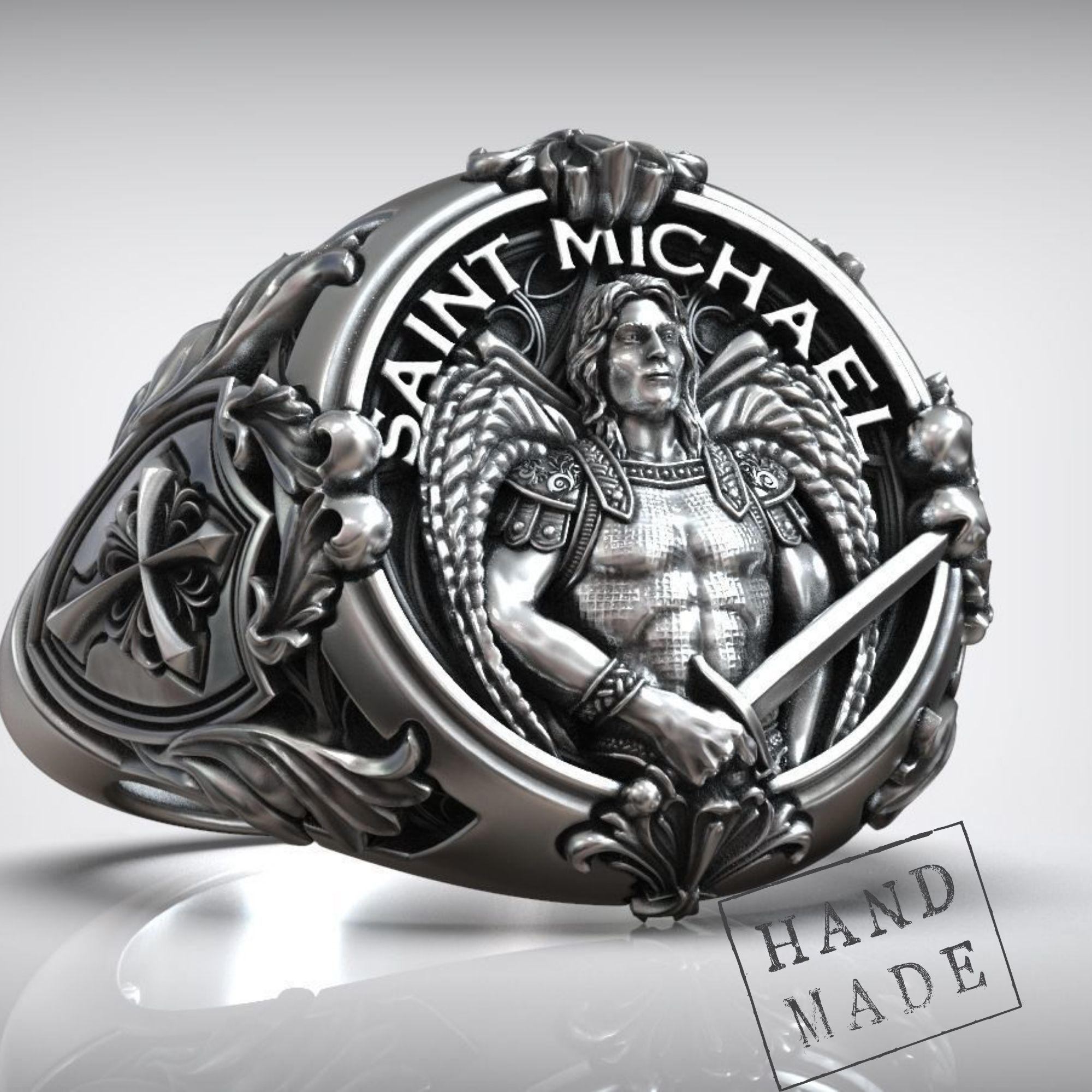 Saint Michael Archangel Ring, Shield And Sword, Men’s Faith Band, Handcrafted Silver, Religious Statement, Angelic Protection Gift