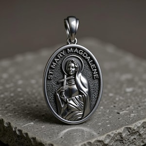 Saint Mary Magdalene Silver Pendant, Oval Religious Medal (Handmade)