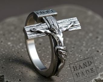 Silver Crucifix Ring: Raised Cross Detail, Men's Sizes