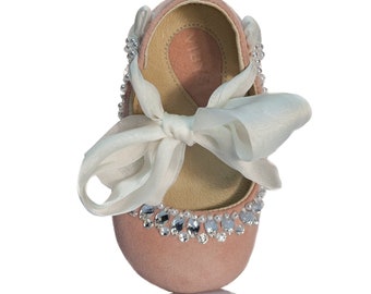 Clara - Pastel pink leather shoes with crystals & silk ties Baby girl ballerinas Baby girl shoes Birthday Christening Wedding shoes by Vibys