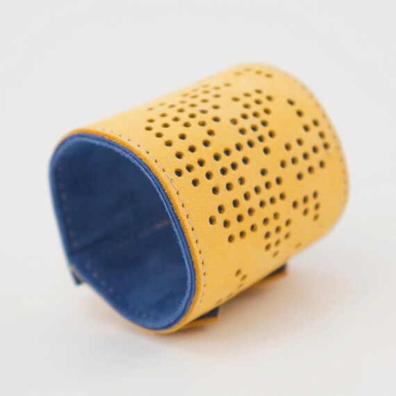 Items similar to Yellow and blue leather wide bracelet cuff, handmade