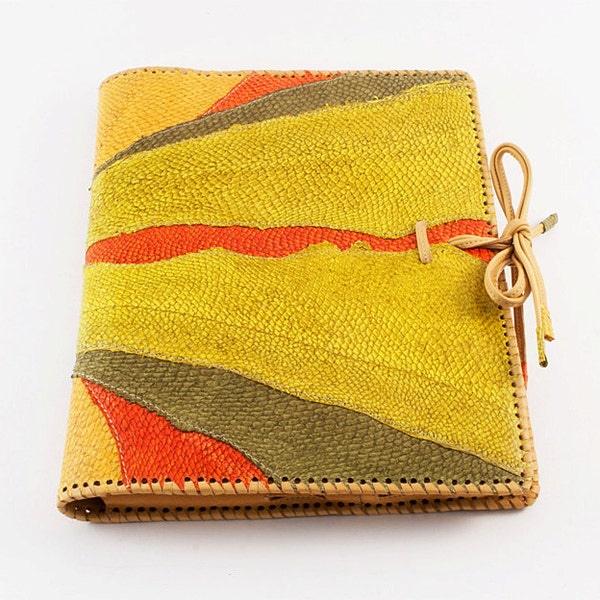 Fish skin and leather iPad case - book style in multicolor yellow