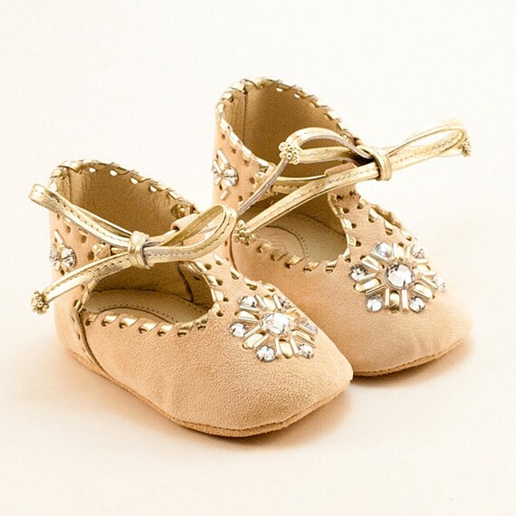 Items similar to Baby Girl Shoes, Baby Booties, Crib Shoes, Beige, Peachpink Leather Tbar Baby