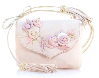 Briar Rose - Small pink leather shoulder bag, leather purse, treasury bag for toddlers, kids shoulder bag pouch, clutch bag, tiny handbag