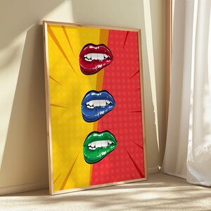 Pop Art Lips Wall Print – Bold Color Retro Poster, Modern Comic Style Digital Art Modern Room Decor Large Printable Cool Poster Trendy Decor