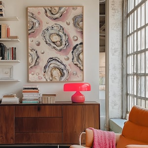 Stampa artistica di ostriche, acquerello con conchiglie di ostriche arancioni, motivo da parete, design alla moda, estetica preppy, decorazione estiva scaricabile.