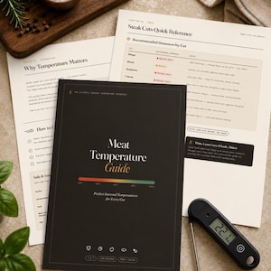 Op de afbeelding: Een zwart Meat Temperature Guide-boekje met een kleurgecodeerde temperatuurbalk, vergezeld van twee witte informatiebladen getiteld Steak Cuts Quick Reference en Why Temperature Matters, en een zwarte digitale vleesthermometer.