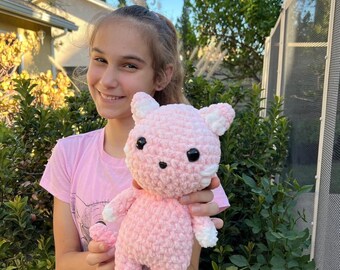 Handmade Pink Cat Plushie: Crochet Chenille Stuffed Animal