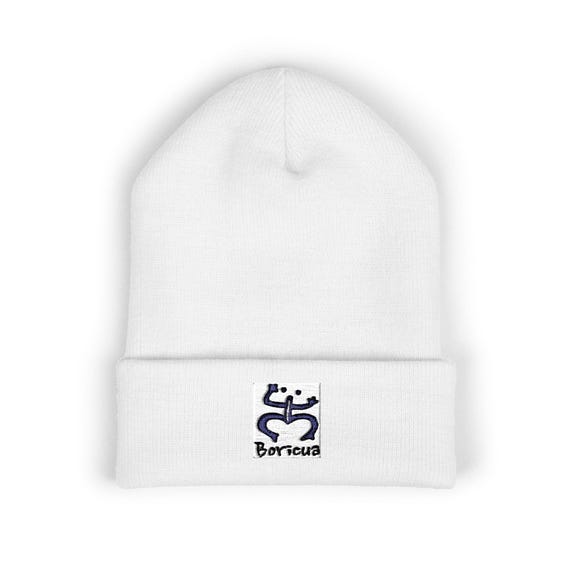 Beanie, Puerto Rican Hat with Indian Taino Symbol Embroidery - Classic Cuffed Beanie, Winter Beanie, Knit Cap, Slouchy Beanie, Puerto Rico