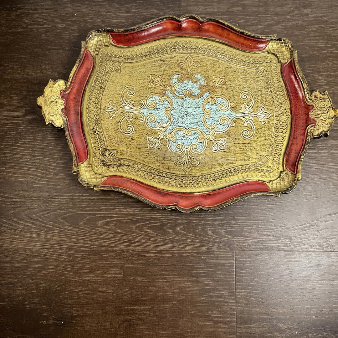 Vintage Wood Like Florentine Red and Gold Tray 17x12 - Etsy