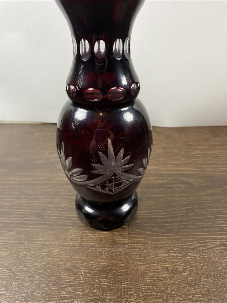 Vintage Beautiful Ruby Red Rose Bud Cut to Clear Crystal 7” Glass Vase ...