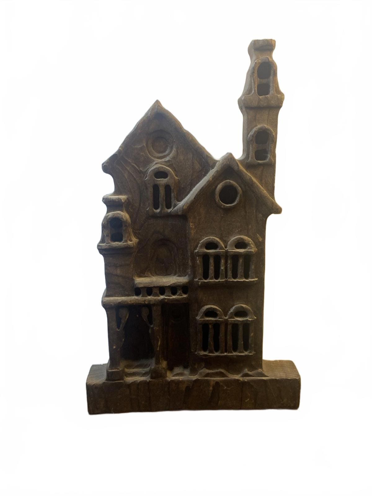 Vintage Hand-Carved Wooden Cottage Folk Wall Art 14” Signed