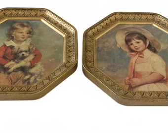Grands couvercles de boîte à biscuits vintage, forme octogonale, petite fille et garçon avec chien