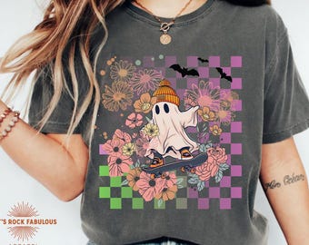 Retro Ghost Graphic Tee, Boho Checkerboard Summerween Shirt, Cute Spooky Season Top, Vintage Grunge Comfort Colors Tee, Spooky Summer Shirt