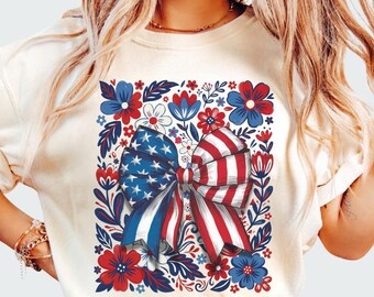 Boho Floral American Flag Bow T-shirt | Patriotic Fourth of July Comfort Colors Shirt | Independence Day Outfit | Vintage USA 250 Years tee