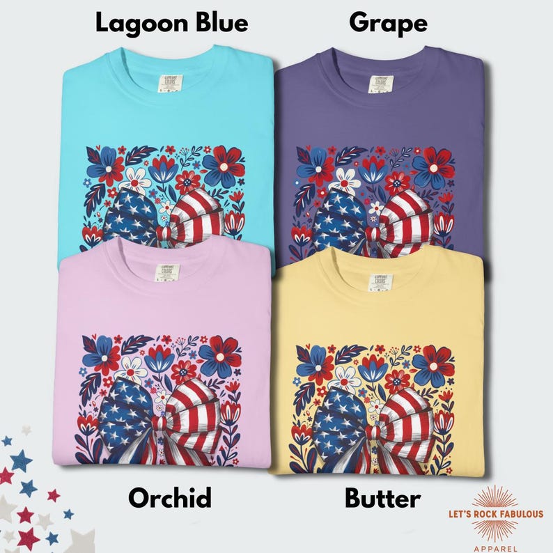 Boho floral American flag bow t-shirt on Comfort Colors 1717 unisex tee. Patriotic 4th of July shirt for women featuring red white and blue bow with floral design. Available in sizes S, M, L, XL, 2XL, 3XL, 4XL and multiple color options including blue, ivory, white, navy, pepper, blossom, and chambray. Perfect 250th Anniversary tee, Independence Day outfit, summer BBQ, and casual Americana style.