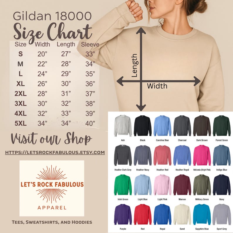 K&ouml;nnte beinhalten: Eine Gildan 18000 Gr&ouml;&szlig;entabelle f&uuml;r Sweatshirts mit Breiten-, L&auml;ngen- und &Auml;rmelma&szlig;en in Zoll f&uuml;r die Gr&ouml;&szlig;en S bis 5XL. Die Grafik enth&auml;lt eine Abbildung eines beigen Sweatshirts, eine Farbpalette mit 30 Optionen und den Shop-Namen Let's Rock Fabulous.