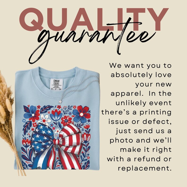 Boho floral American flag bow t-shirt on Comfort Colors 1717 unisex tee. Patriotic 4th of July shirt for women featuring red white and blue bow with floral design. Available in sizes S, M, L, XL, 2XL, 3XL, 4XL and multiple color options including ivory, white, navy, pepper, blossom, and chambray. Perfect America 250th Anniversary tee, Independence Day outfit, summer BBQ, and casual Americana style.