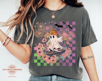 Retro Ghost Graphic Tee, Boho Checkerboard Summerween Shirt, Cute Spooky Season Top, Vintage Grunge Comfort Colors Tee, Spooky Summer Shirt