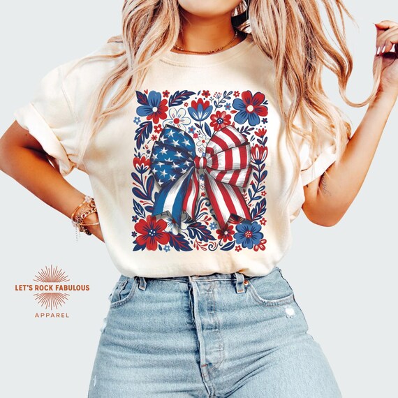 Boho Floral American Flag Bow T-shirt | Patriotic Fourth of July Comfort Colors Shirt | Independence Day Outfit | Vintage USA tee