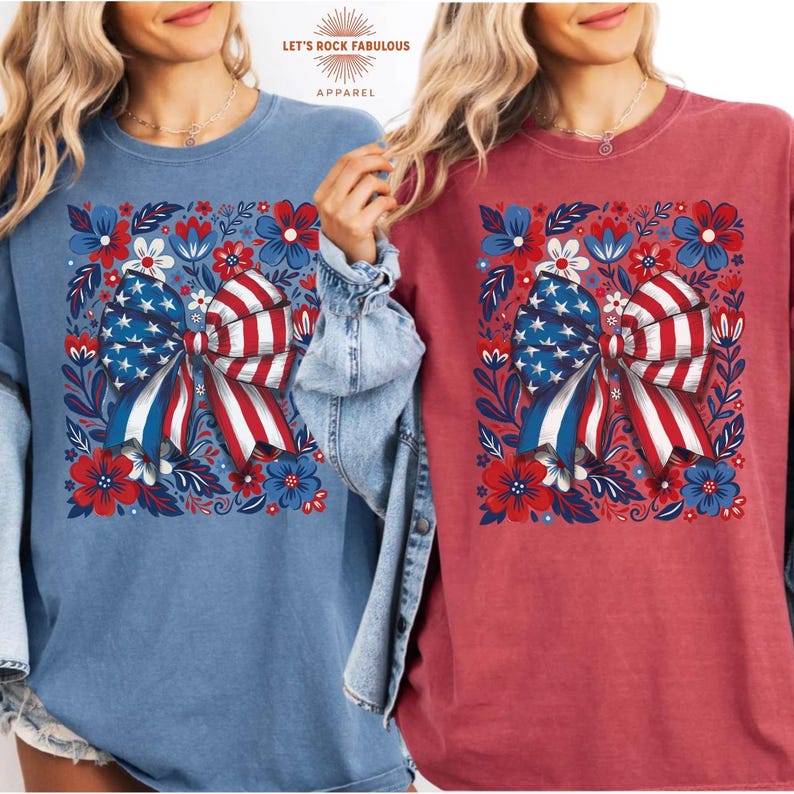 Boho floral American flag bow t-shirt on Comfort Colors 1717 unisex tee. Patriotic 4th of July shirt for women featuring red white and blue bow with floral design. Available in sizes S, M, L, XL, 2XL, 3XL, 4XL and multiple color options including ivory, white, navy, pepper, blossom, and chambray. Perfect America 250th Anniversary tee, Independence Day outfit, summer BBQ, and casual Americana style.