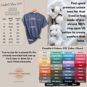 K&ouml;nnte beinhalten: Ein Comfort Colors C1717 T-Shirt in Denim-Blau mit einer Gr&ouml;&szlig;entabelle in Zoll, einer Farbkarte mit verschiedenen Stoffmustern und Text, der das vorgeschrumpfte 100% ringgesponnene US-Baumwollmaterial und die Passform beschreibt.