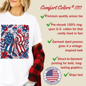Boho floral American flag bow t-shirt on Comfort Colors 1717 unisex tee. Patriotic 4th of July shirt for women featuring red white and blue bow with floral design. Available in sizes S, M, L, XL, 2XL, 3XL, 4XL and multiple color options including blue, ivory, white, navy, pepper, blossom, and chambray. Perfect 250th Anniversary tee, Independence Day outfit, summer BBQ, and casual Americana style.