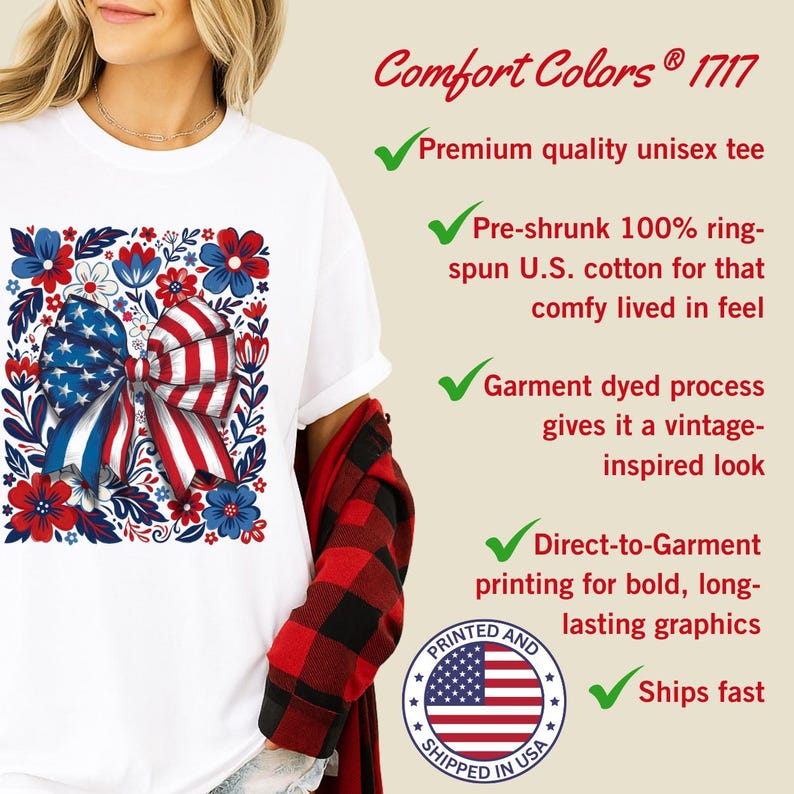 Boho floral American flag bow t-shirt on Comfort Colors 1717 unisex tee. Patriotic 4th of July shirt for women featuring red white and blue bow with floral design. Available in sizes S, M, L, XL, 2XL, 3XL, 4XL and multiple color options including blue, ivory, white, navy, pepper, blossom, and chambray. Perfect 250th Anniversary tee, Independence Day outfit, summer BBQ, and casual Americana style.