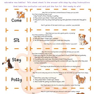 Può includere: Un foglio di trucchi colorato con illustrazioni di cani per l'addestramento dei cuccioli. Il foglio include comandi come "Vieni", "Seduto", "Resta", "Fai la pipì" e "Sdraiati" con istruzioni e suggerimenti per ogni comando.