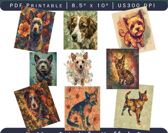 Abstracte bloemen hond kunst aan de muur – Kleurrijk hondenprint decor, boho huisdier minnaar cadeau, hond silhouet kunst voor thuis of op kantoor