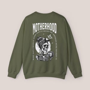Motherhood Backprint Sweater, Mothersday Gift, Mom Sweatshirt, Motherhood Gift, Mom Jumper, New Born Mom Gift, Birth Gift, Mother's Day Gift Military Green