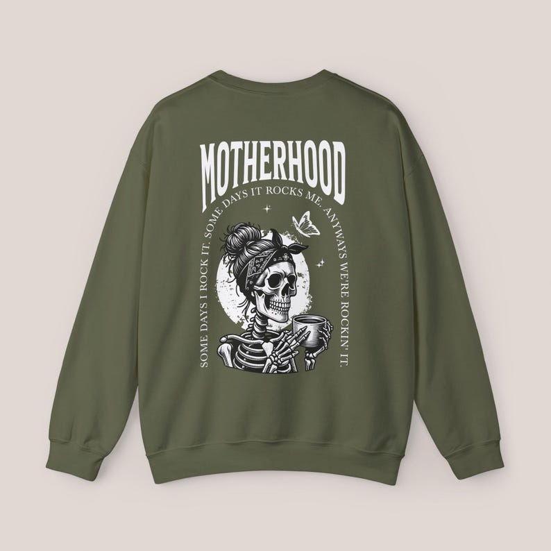 Motherhood Backprint Sweater, Mothersday Gift, Mom Sweatshirt, Motherhood Gift, Mom Jumper, New Born Mom Gift, Birth Gift, Mother's Day Gift Military Green
