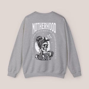 Motherhood Backprint Sweater, Mothersday Gift, Mom Sweatshirt, Motherhood Gift, Mom Jumper, New Born Mom Gift, Birth Gift, Mother's Day Gift Sport Grey