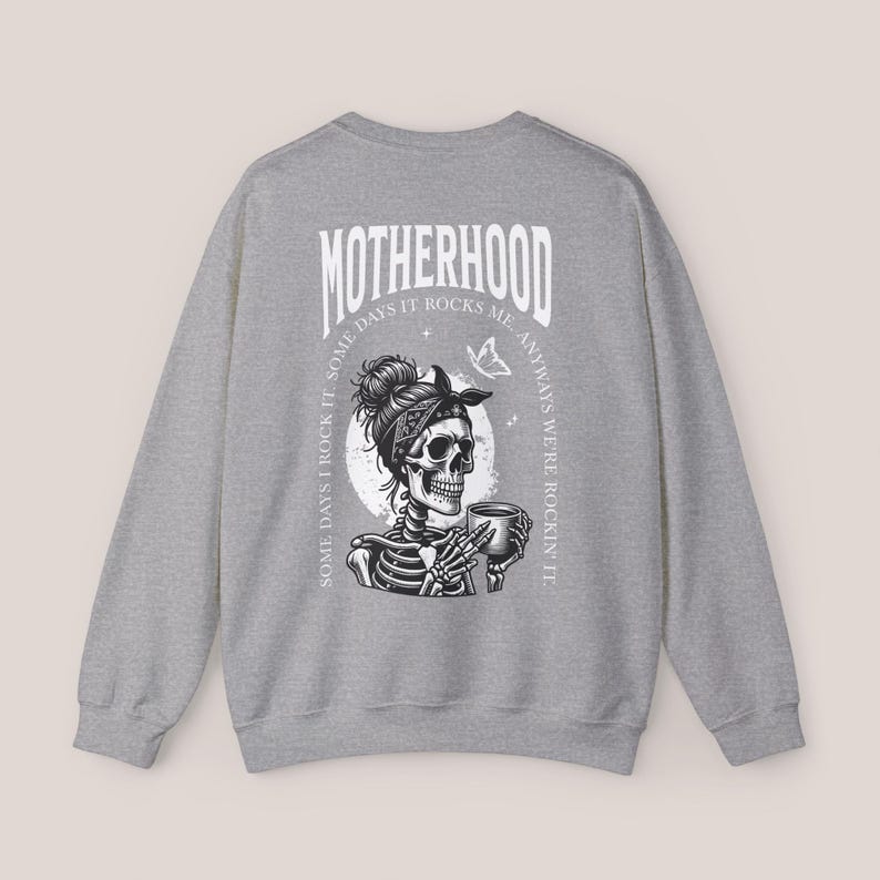 Motherhood Backprint Sweater, Mothersday Gift, Mom Sweatshirt, Motherhood Gift, Mom Jumper, New Born Mom Gift, Birth Gift, Mother's Day Gift Sport Grey
