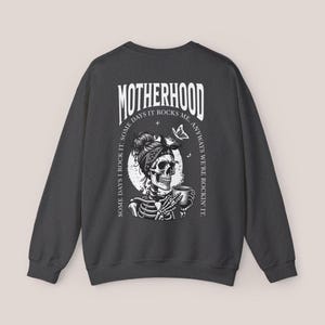 Motherhood Backprint Sweater, Mothersday Gift, Mom Sweatshirt, Motherhood Gift, Mom Jumper, New Born Mom Gift, Birth Gift, Mother's Day Gift Dark Heather